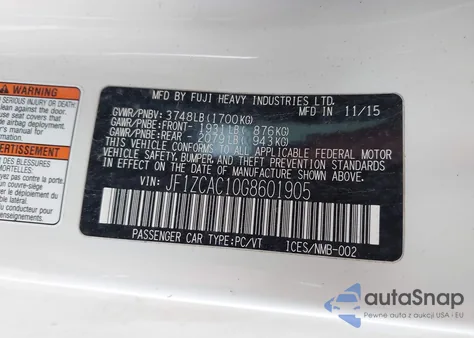 2016 Subaru Brz Limited from USA, damaged, VIN JF1ZCAC10G8601905